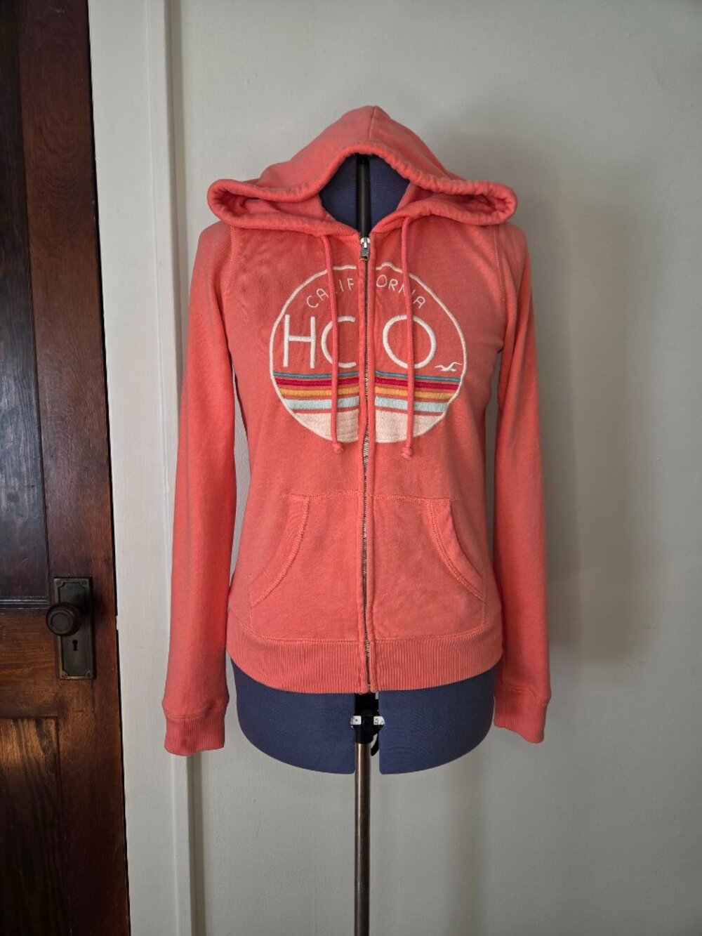 Hollister Coral Pink California HCO Embroidered Zipper Hoodie